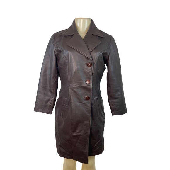 Womens Brown Leather Button-Up Trench Coat With Faux Fur Lining - Picture 1 of 9